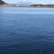 穏やかな海面の焼津港と富士山