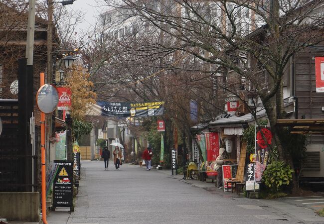 門の横に伸びる商店街