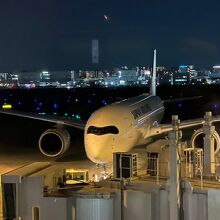 ラウンジから見た空港夜景とボーディングブリッジの飛行機