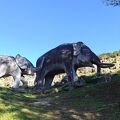 巨大な親子のナウマン象と「マムシ注意」の看板