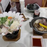 牛の陶板焼きに北海道産の真鱈の寄せ鍋