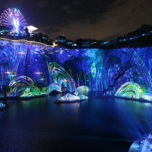 夜にはホテルの光のショーの一部にもなるグラスウォークと観覧車