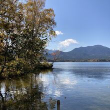 島の湖畔から阿寒湖と阿寒の山々を眺める
