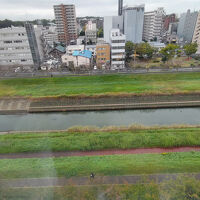 ホテルの部屋から見た桜川。遊歩道は朝の散歩に最適。
