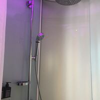 レインシャワーと移動のシャワーヘッドが有り。湯の出が少し悪い