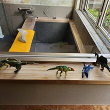 子供が持参した恐竜オモチャ並べました。部屋の浴槽です。
