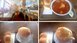 スキー後の熱々スープ＆焼き立てパンが最高。