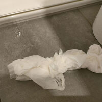 シャワーブースの外に湯が飛ぶ。足ふきタオルが濡れぬようガード