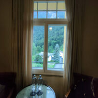 窓一面の緑。テーブル上の水のボトル（無料）は毎日補充されます