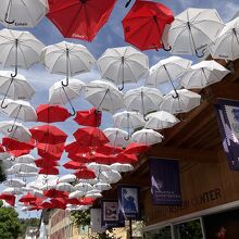 案内所前には赤と白の傘が飾り付け
