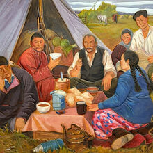 モンゴル有名画家の代表作「農作業後の寛ぎ」