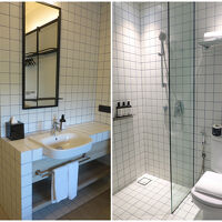 バスルームはシャワーのみで、洗面台はベッドルームの一角に