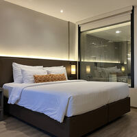 ガラスの向こうがバスルーム、もちろんシェードで開閉可