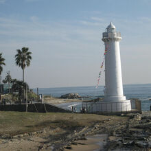 ヤシの木と白亜の灯台、青い海　素晴らしい景色
