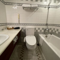 長いバスタブに広い洗面台です