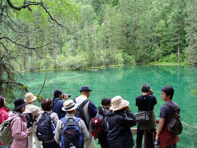 この九寨溝・神仙池風景区は昨年(2003年)９月にオープンしたばかりの新しい名所。まだ観光客も少なくゆったり景色を楽しむことが出来た。世界遺産の黄龍や九寨溝に比べるとやや規模は小さいが、見るべき美しい湖や石灰岩が浸食されてできた池など素晴らしい。特に青龍海のエメラルドグリーンの水の色など深みがあって美しい。よく整備された遊歩道の脇には美しい高山植物の可憐な花が咲いていて楽しい。まだ奥地が開発中であり何れ世界遺産の中に組み入れられるだろう。 