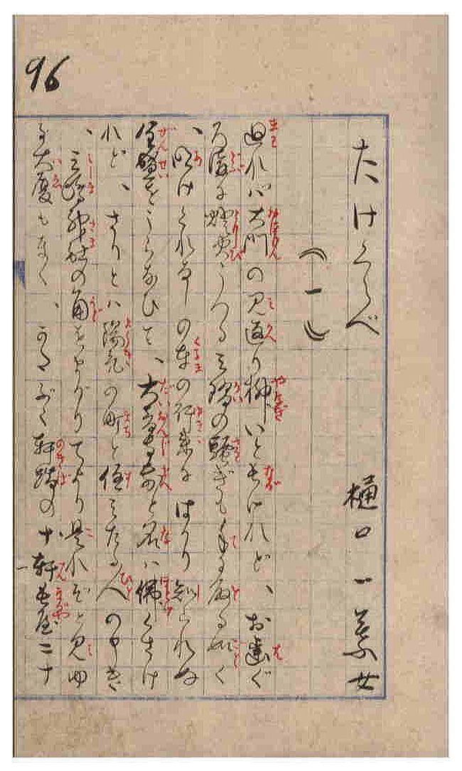 母親の意向から11歳で青海学校(「(1)湯島」掲載の「十三や」の裏手に在った)を中途退学し、裁縫や書道などに通う日々が続き、14歳の夏、安藤坂の萩の舎(はぎのや)に和歌と習字の稽古に通うようになりました。萩の舎とは死の直前まで関わりを持ちますが、ここに通った道を中心に一葉さんの足音を聴きたいと思います。<br />今日は地下鉄後楽園駅から時計回りに歩き、一葉さん終焉の地も訪れました。<br />左の「たけくらべ」原稿は、雑誌に一括掲載のため清書しなおしたもので、「樋口一葉女」の署名のうち「一葉」のみ自筆で、他は後から追記されたもの。