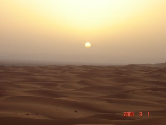 早朝4時、コーランが流れる中、サハラ砂漠の日の出を見るために、メルズーカ砂丘へ出発。<br />まだ夜が明けていないので、月と満点の星空です。とてもキレイ。<br />砂漠の道なき道を１時間ほど走るとテントが出没。お、らくだの群れが。<br />ぐぇぇぇぇぇ〜。<br />んぇぇぇぇぇー。<br />げぇぇぇぇ〜。<br />鳴いてる鳴いてる。<br />ここでらくだに乗って日の出が見えるスポットまで行くのです。<br />らくだはエジプトに行ったときにものったのですが、ありゃー乗り心地いいもんじゃないねぇ。<br />座高が高い（こわいよー）のと、前後左右に揺れる揺れる。ひょぇぇぇぇ。落ちるよぉぉぉ。<br />ベルベル人に先導されて砂丘までたどり着き、しばし待機。<br />シーン。<br />シーーーーーン。<br />無音。<br />６時近くになってだんだん明るくなってきました。そろそろ、そろそろだ！<br />すごい！神聖な気分。サハラ砂漠の日の出！うっわぁぁぁぁ。<br />世界にはこんなにキレイな景色があるんですよーーーー。<br />朝のリレー（谷川俊太郎）の始まりです。<br />日本は「日出ずる国」といいますよね。(日本書紀）<br />モロッコは「日没する国」といいます。なにか、引き合わせのような。<br />と、いうことは今、日本は日没？？いやいや時差は９時間だから、むむむ、アメリカぐらいが日没？？？<br />感動。大感動です。<br />その後テントに戻り、アラビアパンとミントティーで空腹を満たす。<br />ミントティーがすごくおいしい！モロッコにいたときは毎日飲んでました。<br /><br />らくちゃん、お疲れ様でした。<br /><br />さて、本日は次の都市、フェズへ。<br />フェズには待ちに待っていたものがあるのです。<br />そうです、スーツケースですっ。<br />途中昼食を取り、<br />これはタジン。めちゃめちゃ、めっちゃくちゃおいしかった。お肉がトロトロ。<br />フェズへ。<br />空港でスーツケースとご対面。<br />おまえさん、どこへ行ってたんだよ。。。だめじゃないよぉ、ちゃんとカサブランカまでついてこないと。えええ、まったく心配したんだからよぉぉぉ。<br />ん？鍵がない。南京錠付けてたのに、ない。アリババにやられたか？！<br />空けてみたが特に取られたものもなく、よかったよかった。ま、ね、取るようなもの入ってないしね。<br />明日からは化粧ができます。ほっ。<br />