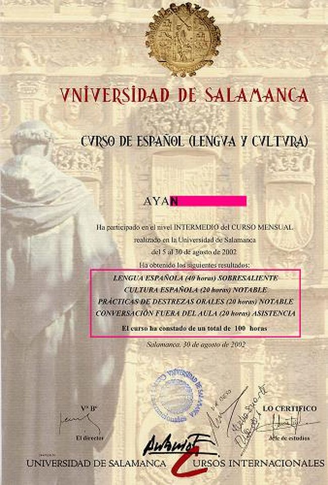 サラマンカ大学の外国人向けサマーコース（culso de internacionales de la universidad de salamanca）の様子をちょっとまとめてみます。語学研修を考えている人がいれば、ほんの参考までに！<br /><br /><br />わたしは１ヶ月１００時間のコースで、文法、文化、口頭表現、会話（課外授業）の４つをとりました。トップの写真は修了証です～！<br /><br />スペイン語文法：　sobresaliente♪（優）<br />スペイン　文化：　notable！（良）<br />口　頭　表　現：　notable！<br />会話(課外授業)：　asistencia（出席）<br /><br />やさしい先生方・・・ありがとう！！笑<br /><br /><br />Me pasaron muchas cosas durante mi estancia en Salamanca, me sorprendi, llore, y rei mucho que esperaba.  No fue todo bien para mi, pero sobre todo fue una gran experiencia que la dio algo muy importante a mi vida despues y por eso, estuve y estoy muy contenta de haber decidido a ir a Salamanca ;)  Salamanca es una ciudad pequena y cerrada, pero te digo al que vaya alli, que hara muchas cosas preciosas que te den algo para cambiarte!!!  Disfruta y mucha suerte!!!