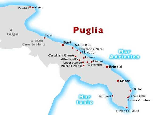 3回に渡ってでかけたブーツ型のイタリアのかかと<br />プーリアの街をまとめてご紹介します。<br />赤い点が立ち寄った街です。