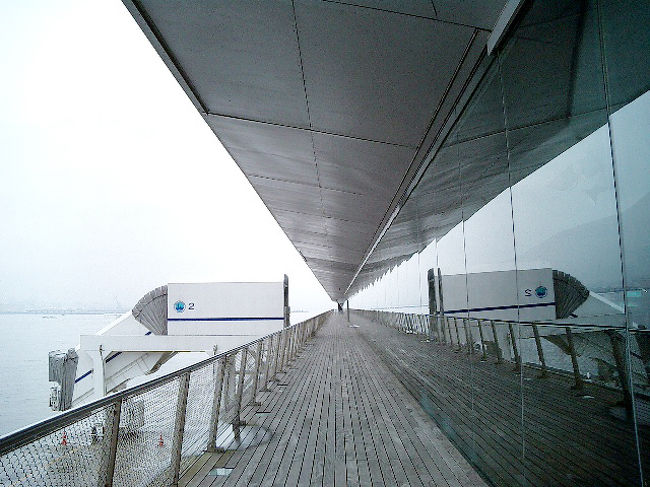 朝から雨の日曜日・・・予定していたテニスも中止。午前中の用事を済まし、午後から横浜大桟橋へ。<br />雨なのにオットがスケッチしたいって言うから・・・<br /><br />でも大桟橋は大好きな場所。国際デザインコンペで選ばれた、イギリス在住の建築家、アレハンドロ・ザエラ・ポロ氏とファッシド・ムサヴィ氏の作品。曲線をふんだんに使ったフォルムとボードウォーク＆芝のコンビがやさしい。 <br /><br />雨に煙るヨコハマの街も結構いいかも。