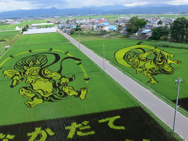 　青森県田舎館村の田んぼアートです。田んぼに種類の違う苗を植え、それで表現。<br /><br />場所は、田舎館村の役場前の田んぼ。お城の形をした役場の天守閣から見ることができます。<br /><br />　日曜、祭日も展望台を無料開放。今年のテーマは「風神、雷神」<br /><br />8月半ばまで綺麗に見ることができるそうです。<br />