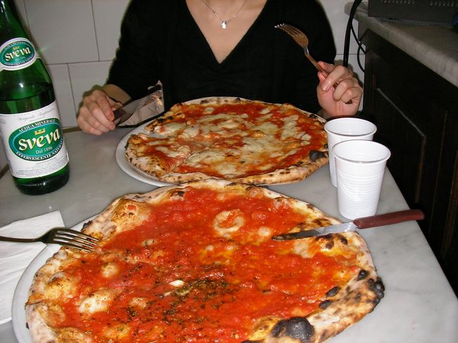 ナポリ訪問<br /><br />《期間》2005年12月中旬<br />《経路》ローマから電車でナポリに行きました。<br />　　　　日本からは南回りで各地を回ってローマに入っています<br />《見所》ナポリといえばピザ。まずはピザを食べること。本当においしいお店（ピッツェリア）がいっぱいあります。<br />　そして旧市街は風情があっておすすめです。歴史地区ということで世界遺産になっています。<br />　ほかに卵城やサンタルチアなどなかなかみどころも多く面白い街です。<br />　ポンペイも電車ですぐです。ナポリ市内1日、ポンペイソレントで1日は最低確保すべきかと。<br />《治安》<br />ローマなんかに比べて夜はちょいと雰囲気わるいかな。特にナポリ駅周辺は・・・。女性だけで夜動くのはお薦めしかねます。昼は全然OKなんで、朝早くおきて活動しましょう!<br />《感想》<br />現地の人とイタリア語で話すと、ローマよりほんとフレンドリーでなかなか面白いとこです。<br />ただ訛りがきつくて標準イタリア語に慣れていると理解するのは大変です・・・