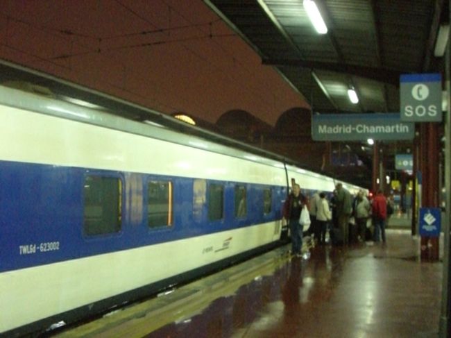 3泊目はマドリードからパリへの夜行列車です。<br />写真はMadrid　Chamartin駅の発車前。<br /><br />グランビアから駅への移動は、ホテルのレセプションのアドバイスは子供がいるし、天気が悪いのでタクシーを勧めるとの事だったのですが、渋滞でイライラするのは嫌だという事で、地下鉄を選択。<br />時間に余裕があったため、Chamartin駅での待ち時間が長くて。<br />子供のおやつや、水、アルコールを購入してもまだ時間が余る。<br />ようやく列車のホームが決まった時には、ホットしました。<br />待合室が見当たらず、駅の構内で荷物と子供を管理しながら時間を潰すのは疲れました〜〜。<br />セキュリティーガードが多数居て、不穏な危険な雰囲気はありませんが、絶対に窃盗目的のグループが多数いるはずと、私はピリピリ。<br /><br />さて、後半の旅行記は夜行列車でパリへ移動、そしてBrusselへタリスへ移動と、列車の乗車記です。<br />