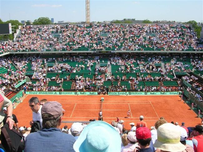 　2006年の全仏オープンに行ってきました。<br />　テニスの４大大会の一つ全仏オープンは、パリのローランギャロスで行われます。中心部から地下鉄で行けるブローニュの森に隣接しており、全米、全英に比べてもアクセスは楽です。<br /><br />　チケットは、前年の１１月からインターネットで受付を開始します（http://www.fft.fr/rolandgarros/）。１人４席までしか予約できないので、２人分８席を予約したところ、２席（しかも希望以外の席）しか当たらないほど、競争は厳しいようです。<br /><br />　しかしこのような厳しい競争にもかかわらず、開催期間中に窓口に行くと、残りのチケットが売られていることもあります。私は１週目の木曜日１０時に並び始めて１１時に当日券を購入した際、上の電光掲示板に２週目の月、火の指定席を売り出しているとの表示が！あわてて、友人の分も合わせて購入しました。<br /><br />　入場券か指定席か。<br />　指定席は、phillippe catrier, suzanne langlan, No.1の３つのコートに入るために必要です。ほとんどがシード選手の試合になります。50-70ユーロ程度。<br />　逆に言うと、それ以外のコート（No.2からNo.20?)は、当日券さえ持っていれば観戦できます。シード選手以外例えば日本選手の試合を観戦したい場合にはほとんど入場券だけで対応可能です。10-20ユーロ程度。また、有名選手が練習していたりします。ただし、２週目の後半になると、ほとんど試合がなくなってしまいます。<br />