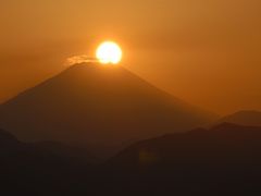 高尾山　富士山に沈む大晦日の夕陽