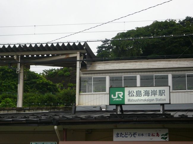 梅雨真っ最中そして明日は台風接近。<br />あまり状況の良くない中、観光名所として外せない松島へ。<br /><br />仙台から電車で約30分ですが、<br />仙台から電車だと本数無くて一苦労。<br />仙台で30分は待ちました。あと2駅で松島海岸なのに2駅前までしか行かない電車ばかり。