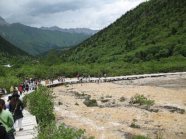 昨年（&#39;06年）プリトヴィッチェ湖群国立公園（クロアチア）を見てから、九寨溝の渓谷の景観と歴史地区を見たくなりついに実現しました。<br />悩んだ末に、ガイド付の観光にしました（旅行記等を参考に）。<br />中国の旅行社に手配（以前、中国･北京でお世話になった）<br />結果的に良かったです。<br />ガイドさんがいるからこそ、ここだけのお話が聞けたりします。<br />（2人+ガイドさんで自由に廻れました）。<br />（いつもは、自分で動く旅をしています）<br /><br />黄龍へは、成都から九寨溝黄龍空港に朝着き、最初に行きました。<br />空港でガイドさんにお迎え後、川主寺で酸素ボンベと高山病用の<br />ドリンクを購入。<br />お土産屋で買物と高所慣れる準備？！<br />石と曼陀羅を買った。交渉次第で値段はかなり下がる。<br />雪宝頂を見て黄龍に到着。昼食後、五彩池を目指す。<br />高山病の症状が続いている。酸素ボンベを使うが気休めな感じがする。<br />前日、成都の到着が遅れ寝不足がたたっている<br />（朝便で九寨溝黄龍空港へ）。<br />ガイドさん情報では、同じようにして着いた別のツアーの人たちは、<br />九寨溝観光を2時間ぐらいで切り上げホテルに戻ったようです。<br />高山病と戦いながら、五彩池にやっとのことで到着。<br />時間も少ないので帰路もロープウェイを使い下山する。<br />雷で成都到着が悔やまれる（気象条件はしょうがないかな）。