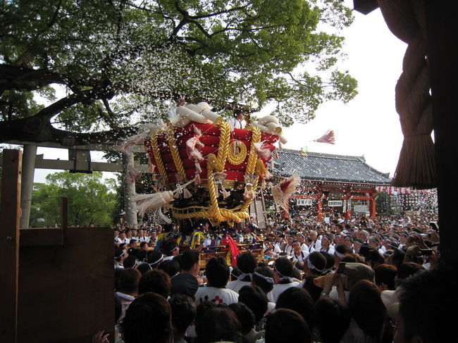 堺市のもず八幡宮のふとん太鼓です。<br />9月中旬から下旬にかけて、市内でふとん太鼓が町を練り歩く行事があります。<br />もず八幡宮では、合計9台のふとん太鼓があります。<br />たぶん、この形式のふとん太鼓は堺特有のものです。