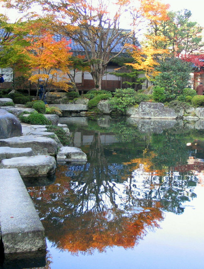 百済寺・・・入って左手の庭園には息を呑みます。池に映る景色や建物、青空が美しい。<br />織田信長の焼き討ちを逃れた歴史ある建築物や庭園は必見！<br />本堂までのアプローチには石像や山門などが、紅葉と上手くマッチング。鐘は誰でも鳴らす事ができる。余韻が長く美しい音色だった。（駐車場無料）<br /><br />西明寺・・・滋賀県では、延暦寺と並んで有名な紅葉寺です。<br />駐車場（無料）が５００台分と広いです。が、駐車場までの道幅が狭いので、何故だか渋滞してた。<br />３軒の中では、ピークにほんの少し早かったような気がした。<br /><br />表紙の画像は、百済寺の庭園です。<br /><br /><br />