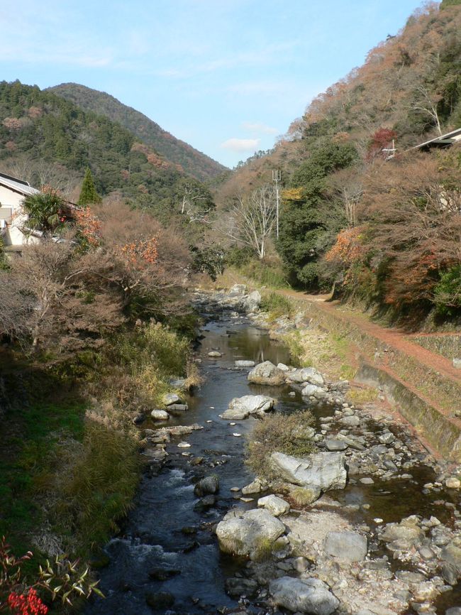 清滝（きよたき）は京都市の最高峰、９２４ｍの愛宕山の愛宕神社や月輪寺を参拝する人たちの宿場町だった。現在では旅館が少なくなって創業３５０年の老舗料理旅館「ますや」が清滝のシンボル的な存在になっている。四季それぞれの表情を持つ清滝川周辺の景観は風情があり、古くから与謝野晶子（よさの あきこ１８７８−１９４２年）、梶井基次郎（かじい もとじろう１９０１−１９３２年）、田宮虎彦（たみや とらひこ１９１１−１９８８年）などの作家・詩人も好んで訪れており、渡猿橋脇には与謝野晶子の歌碑がある。１２月１０日はきれいな紅葉も残っていたが、見ごろは過ぎており落ち葉が多かった。<br />（写真は清滝の光景）<br />