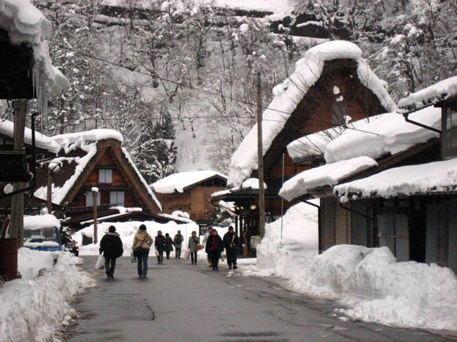 雪の白川郷と兼六園の雪吊りを見たくて、パックツアーで行ってきました。<br />時間の限られた観光でしたが念願の雪の兼六園、雪の白川郷を満喫してきました。<br />はじめに高山祭りミュージアムを観光し、白川郷へ向かいます。<br /><br />写真は世界文化遺産の村・白川郷の町並みです。