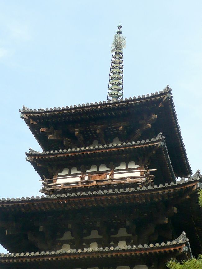 薬師寺に着いての最初の印象はその色の鮮やかさだ。<br /><br />東搭を除く、中門両脇の天王像、回廊、金堂、西搭、講堂の全てが朱と緑と金色とに輝いている。<br /><br />薬師寺が飛鳥の地からここに移されたのは、平城京の遷都に伴う718年。<br /><br />と言う事は、8世紀初頭に再建されたとされる法隆寺とほぼ同じ時期、ここに薬師寺が建てられたことになる。<br /><br />法隆寺を見た直後でもあり止むを得ないのであろうが、最初は違和感を覚えた。<br /><br />予め承知はしていたが、３年前の雪の日、やはりK君の案内で拝んだ金堂の日光、月光菩薩が、上野に主張中でここにおわさない事も、違和感を助長したのかも知れない。<br />（”国宝　薬師寺展　”東京国立博物館・平成館　6月8日迄）　<br /><br /><br />とはいえ千数百年前に、多分周りは何も無かったであろう土地に、このように壮大で、秀麗な建物群だけが、出現した様を想像するとわくわくする。<br />