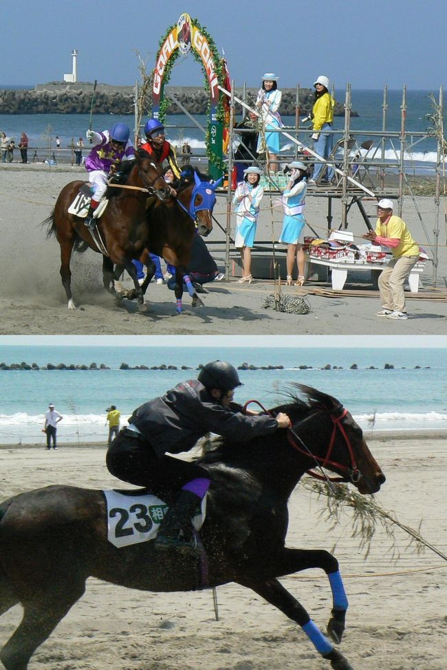 砂浜で行われる草競馬はここ牧之原(旧相良町)が日本唯一だそうです。  <br />　<br />もう今年で33回目になるそうですが、今回初めて見に来ました。<br /><br />現役を引退？したサラブレッドたちがここで活躍しています。<br /><br />競輪(静岡)、オート(浜松)、競艇(浜名湖)には行ったことがあるのですが、静岡県内に無いこともあってか競馬場にはまだ１度も行ったことがありませんでした。<br /><br />最終レースは抜きつ抜かれつの劇的なレースとなりました。<br /><br />この草競馬は、すぐ目の前をサラブレッドたちが疾走していくのが見えるので競馬好きの方にも見応えあると思います。 