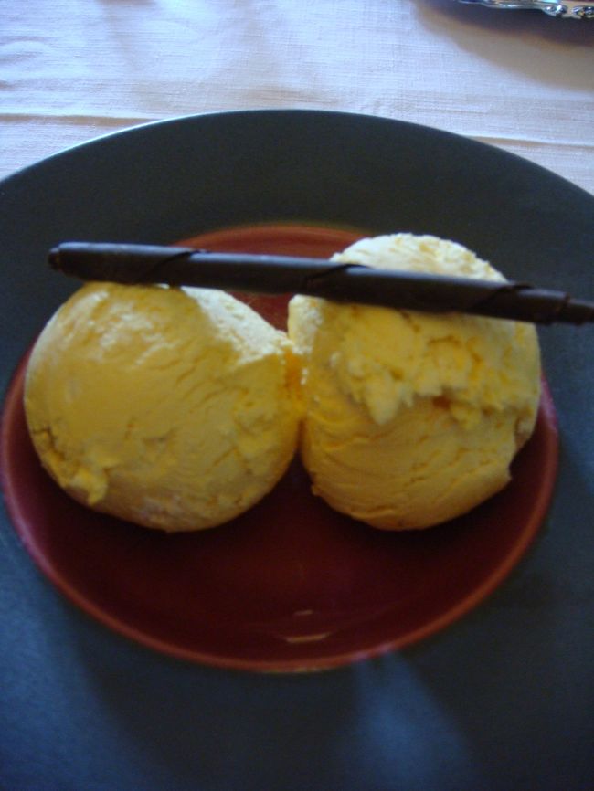 ラ・マンチャ料理ではないものもありますが、<br />アルマデン旅行で我々の胃袋に納まった食べ物の記録です。<br /><br />で・・・なぜ表紙の写真がアイスクリームかというと・・・<br /><br />これ、実はサフラン風味のアイスクリームなのです！<br />バニラアイスではありません。<br />ちゃんと乾燥サフランを利用しているため、所々赤い点々が見えそこはサフランの風味が強い。<br /><br />ハエンでオリーブオイル・アイスを食べたことがあるけれど、サフラン・アイスは初めての体験。<br /><br /><br />ラ・マンチャ地方はサフランの産地。<br />特に有名なのがコンスエグラ（トレド県）で、サフラン祭りまで開催されます。<br />もう大分前のことですが、サフラン畑を見たことがあります。<br />10月末、乾いた土地に、紫色のかわいい花だけがちょんちょんと顔を出します。<br />せっかく綺麗に咲きそろったサフラン畑なのですが、<br />肝心の香辛料になるのは雌しべの部分なので、惜しげもなく花を収穫してしまいます。<br />花を摘み取るのは、日光が風味を損ねないように、まだ花が開かない夜明けに行います。<br /><br />雌しべをもぎ取るのは女性陣の仕事で、家のパティオに置いた机の上の山盛りの花から、<br />黙々と雌しべ取りをします。<br /><br />こんな手作業で生産されるから、高価なのです。