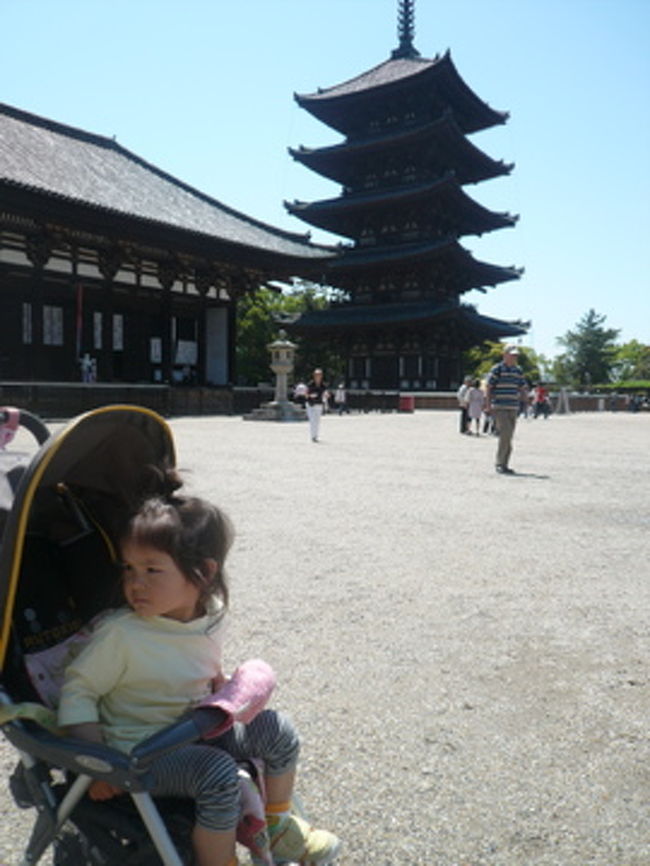 奈良公園周辺を散策してきました。<br />修学旅行以来の10数年ぶりの奈良でしたが、<br />やっぱり何も覚えておりませんでした。<br />京都市内から地下鉄烏丸線→近鉄を乗り継ぎ、<br />子供連れ夫婦２組での行程でした。<br />乗り換えなしで行けとても楽でした。<br />奈良公園周辺も付近に観光名所が集まっているため、観光しやすいものでした。