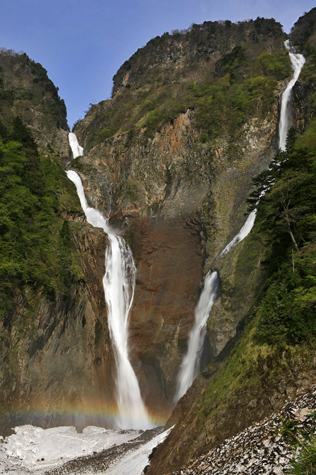 称名滝（しょうみょうだき）は有名な滝、ご存じの方も多いでしょう。<br />３５０ｍと日本一の落差の名瀑。４段構成の段瀑で日本の滝百選に選ばれています。<br />そして国指定の名勝及び天然記念物。<br />それぞれの落差は上から７０、５８、９６、１２６ｍでとても素晴らしい滝。<br />なぜ、日本三名瀑（三大滝）に選ばれなかったのかが不思議です。（段瀑だからか？）<br />ちなみに三名瀑は那智の滝、華厳の滝、袋田の滝。前者二つは直瀑。袋田の滝は段瀑。<br />落差は順に133ｍ、97ｍ、120ｍ。。。　と称名滝は全く遜色無い。<br /><br />立山連峰を源流とし、弥陀ヶ原を流れた川が、この断崖を一気に流れ落ちます。<br />訪れたこの時期、弥陀ヶ原が雪解けを迎えています。<br />雪解けの水を集めた称名滝は大迫力。見る人は言葉を失います。<br /><br />さらに雪解け時期限定（豪雨時も）で右隣にハンノキ滝（ネハンの滝）が現れます。<br />この滝の落差は５００ｍ！　実際にはこちらの方が日本一の落差と言っていいのですが、<br />常に見ることの出来る滝では無い為、日本一とは認定されず、おまけに百選にも選定されてません。（可哀そう。）<br /><br />さらに！これまたこの時期限定で左右にいくつもの滝が現れます。<br />これらを一堂に眺める景観は絶景という言葉で片付けることが申し訳なく思えてきます。<br /><br />---------------<br /><br />アクセス<br />電車：<br />富山地方鉄道立山駅。駅前から立山開発鉄道バス　称名滝行きで２０分<br />片道５６０円、往復１０５０円<br /><br />自動車：<br />北陸自動車道立山ＩＣから県道３号線・県道６号線を経由、立山駅方面へ車で約５０分。<br />称名平駐車場（この奥、一般車は入れません）から徒歩３０分。<br />