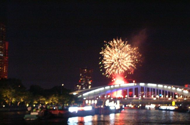 ２００８年天神祭　午後４時大阪天満宮を出発した陸渡行は御堂筋を通り、市役所を廻り、天神橋に向かう<br />天神橋では夕方６時から船渡行が始まる<br />飛翔橋で回転し、暗くなると花火が上がり、大川では１００隻の船が祭りを盛り上げ、タイ国からも出ている船もあり、<br />午後９時には最高に盛り上がる。帝國ホテル大阪前が最高の場所で動く船と、舞台船（能奉納船・神楽奉納船、舞踊奉納船）が<br />夜１０時まで行われる