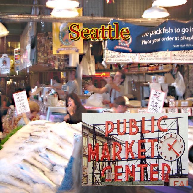 シアトルのシンボルには　スペース・ニードル　と　もう一つ、パイク・プレース・マーケット　があります。　<br /><br />パイク通りにあるのでパイク・プレース・マーケット。　１９０７年にファーマーズ・マーケットとして始まったこの市場は今では観光客に人気のある名所。　<br /><br />中には魚屋、八百屋、花屋、雑貨からデリやレストランと３百近い店舗が並んでいます。