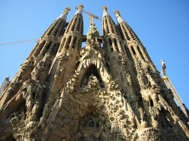 今回のスペインは以下のような順で旅しました。 <br /><br />バルセロナ<br />↓ <現地で飛行機を手配><br />グラナダ<br />↓ <鉄道><br />セビーリャ<br />↓ <鉄道><br />マドリッド<br /><br />まず最初に行ったのはサグラダファミリアです♪<br />張り切って8時に到着してしまい、まだ誰もおらず、、、スタバでお茶したり、写真取りまくったりしながら開園を待ったお陰で一番乗りで入場できました!!<br />団体が到着する前に、塔の頂上まで登るエレベータに乗り込まないとかなり時間のロスになります。団体は開園の9時を目指してぞくぞくと増えてくるので、9時に門の前に立ちはだかっていて正解。<br /><br />地下鉄の階段を上がって正面にサグラダファミリアを見たときはこれぞ圧巻でした。「こんなふつーの街のど真ん中に・・」<br />芸術があちらそこらにある街なんだなと実感しました。<br /><br />あっけなく見終わったので、ちょうど教会でミサをやっていたので飛び入り参加してみました。<br /><br /><br /><br />