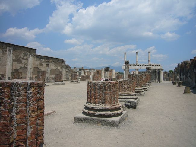 ヴェスヴィオ火山(Vesuvio)の大噴火で 火山灰に埋まってしまった 古代都市 ポンペイ(Pompeii)建築物などが 昔のままの姿で 遺跡として残っていて、見る価値あり!というので 出かけてきた。 ナポリの中央駅から電車に乗って30分ほどで到着。 Villa dei Misteri駅 下車。行くまでは、遺跡と言っても、一部の建物が残っている程度だろうと思っていたら、街ごと すごく保存状態のいい形で 残っている。そして、広い!!!夏の暑い日だったので 正直、少しバテた。 せっかくなので あっちも こっちも 隅から隅まで 見ておきたい、と思ったけど、広すぎて・・・。(街全体が そっくり 遺跡として残っているのだから 広いのは 当然)今もまだ 発掘中というから 驚き。劇場、浴場、街の商店街、家など、1900年も 前の都市なのに、すごく 文明が発展していたのかが よく分かる。それが たった1日で 灰の下に埋もれてしまうんだから、どれほどの大火山だったんだろう。火山灰におびえる様子の当時の人々の遺体を石膏で 復元しているものもあった。表情まで読み取れるものもあって、それを見ているだけで すごく はかなく、悲しい気分になる。遺跡として こんなに 当時の生活が 垣間見られるものも 少ないんじゃないだろうか。ナポリまで来たら、ぜひ 足を伸ばしたい観光地の1つです。
