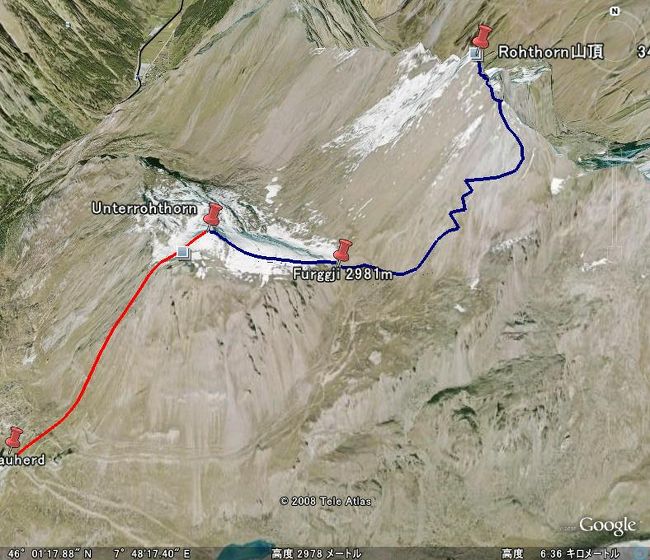 2008年スイスハイキング旅行（10）<br />7月23日　　　快晴　　Oberrothorn　登山<br /><br />まことにお恥ずかしいことであるが、最初Unterrothorn（2,981m）からTufteren、Sunegaまで歩きエーデルワイスを見る予定であった。ケーブルの中で屈強な日本人の方と奥さんにお会いしUnterrothornを下ったコルで左折すればよいとアドバイスを受けた。<br />この男性の方は来週マッターホルン登頂を計画されていて日本語が出来るガイドをシャモニーから来てもらうということであった。<br />奥さんは普通の体格の方でご自分は行かないとのことであった。しかしいろいろな登山をされているようであった。<br />しかしその方のアドバイスを忘れて標識を見過ごしそのまま道を進んで、結局Oberrothorn（3,414m）まで登る羽目になった。頂上間近で下山されるその後夫婦にお会いした。非常に驚かれていた。奥さんによるとZermatt地区で、Rothornは我々一般の人間の登れる唯一の頂上であるとのことである。登りは非常にきつかったが頂上からの360度のパノラマは素晴らしいものであった。後で家内からの非難は凄いものであった。マッターホルン、ヴァイスホルン、、ドム、ダン・ブランシュ、オーバーガーベルホルン、ツィナールローとホルンそれらに付随する氷河と。標高差433mそれと帰りのUnterrothorn　Furggji間122m<br />