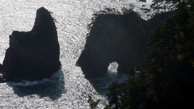 旅行時期10月中旬。<br />本来ならこの時期シチリアと南イタリアに往ってるはずであった。<br /><br />しかし家内の止むをえざる都合で中止。<br />家内から「一人で行けば」と言われながら中止したのは、これまでの海外旅行中、ひときわ方向音痴な癖に、写真撮影につい夢中になって、言葉の通じぬ海外でしょっちゅう皆から逸れ、そのため家内の私への見張り役が必要不可欠であったことと、旅行カバンの整理を一切家内に押し付けていた事から、一人での海外旅行に自信がもてなかった事による。<br /><br />しかしそれではあたら折角のチャンスがこの歳で２度あるとは限らない。<br />行きたい所はチャンスがあれば一人でもいく事も本気で考えようと、先ず言葉の心配の無い国内の一人旅を試みる事にした。<br /><br />とは言え車の運転も止めており、結果としてツアーか現地の定期観光バスの利用が合理的という結論に達した。<br /><br />今回のみちのくの旅もツアーと現地の定期観光バス利用の組み合わせとした。<br /><br />陸中海岸の２泊３日はツアー、<br />平泉と松島の観光はそれぞれ１泊し、現地の定期観光バスを利用した。<br /><br />家内推薦の陸中のリアス式海岸を見るというツアーに、以前から抱いていた奥の細道を辿る旅への憧れみたいなものの取っ掛かりとして、とりあえず平泉と松島の観光を加えて構成したのが今回の旅。<br /><br />主な観光地（場所）は次の通り。<br /><br />陸中海岸<br />01、シャレタ新幹線最北端の駅・八戸<br />02、天然記念物のウミネコ繁殖地はも抜けの殻・「蕪島」（ｶﾞﾌﾞ）<br />03、種差海岸遊歩道の出発点・葦毛崎展望台<br />04、ウミネコと天然芝の種差海岸（ﾀﾈｻｼ）<br />05、「貸切レトロ車両」で往く三陸鉄道北リアス線<br />06、北山崎展望台からの絶景<br />07、遊覧船による海のアルプス・北山崎めぐり:往路<br />08、遊覧船による海のアルプス・北山崎めぐり:帰路<br />09、思わせぶりな浄土ヶ浜へ続く道・黒石浜<br />10、ウミネコ航路・浄土ヶ浜島めぐり<br />11,”さながら極楽浄土の如し”奥浄土ヶ浜<br />12、小舟による碁石崎、穴通磯めぐり<br />13、大島汽船で気仙沼〜大島・浦の浜<br />14、鳴かずんば鳴くまで・・待てない・十八鳴浜（ｸｸﾞﾅﾘﾊﾏ）<br />15、美しきクロマツ林から覗く岩礁美・龍舞崎<br />16、陸中海岸国立公園最後の旅：大島・浦の浜〜気仙沼・商港海岸〜一関<br /><br />平泉<br />17、一の関寸描<br />　（磐井川・芭蕉二夜庵跡・旧沼田家武家住宅・酒の民族文化博物館）<br />定期観光バス・義経コース<br />18、霞む柳の御所と資料館<br />19、土砂降りも人波切らさぬ金色堂・中尊寺<br />20、雨に煙る毛越寺庭園（ﾓｳﾂｳ）<br />21、黄葉と岸壁で覆われた達谷窟毘沙門堂（ﾀﾞｯｺｸﾉｲﾜﾔ）<br />22、増水で濁流の巌美渓（ｹﾞﾝﾋﾞｹｲ）<br /><br />松島<br />定期観光バス・松島コース<br />23、陸奥国一の東北鎮護の宮・塩竃神社（ｼｵｶﾞﾏ）<br />24、松島湾遊覧クルーズ<br />25、西洋の花・薔薇が彩られた厨子のある円通院<br />26、伊達家の菩提寺・瑞巌寺(ｽﾞｲｶﾞﾝ）<br />27、伊達家愛用の茶室・観瀾亭（ｶﾝﾗﾝ）<br />28、松島のシンボル・五大堂<br />29、伊達政宗歴史館<br /><br /><br />平泉は芭蕉も流石にお参りに出かけなかったであろうと思うほどの秋の雨であったが、最初の２日と最終日はなんとか好天に恵まれた。<br /><br />何事も無く帰宅した事を申し添えます。<br />