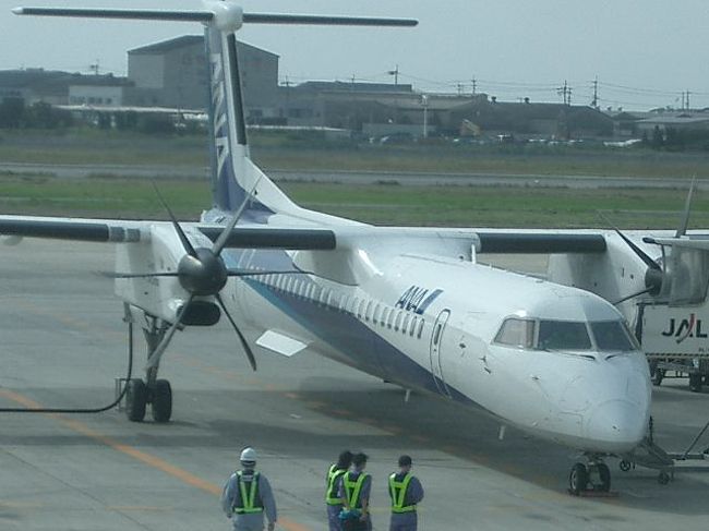 中部国際空港発、松山行きはボンバルディアのDash-8 でした。少し心配でしたが、天気も良くてたのしいフライトでした。<br />でも、プロペラ機はナセルがおおきくて、視界をさえぎられるのが難です。