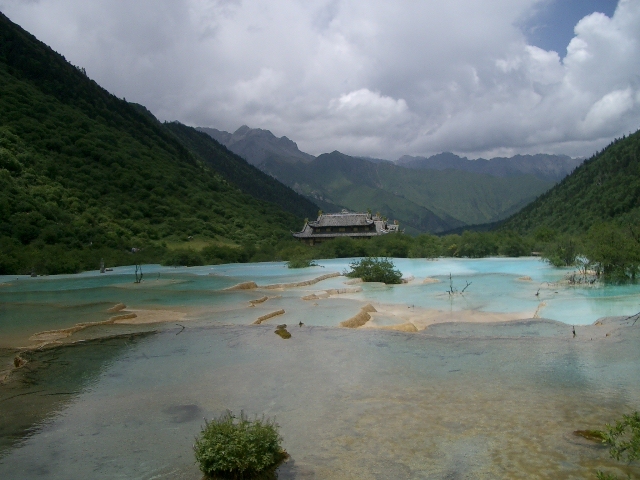 １）．旅の始めに<br /><br />　　　　　　　　　　　　　　邯鄲の　夢追い払い　梅雨明ける　<br />　　<br />　　四川省の省都「成都」から北へ500㎞、長江（揚子江）の源流に広がる岷山山脈の南側の、高度3500mに「九寨黄龍空港」がある。梅雨明け宣言が出された7月中旬、日本の国際空港から「上海」、「成都」と乗り継ぎ、5000ｍ級の雪山が連なる、地の果ての如き、荒々しき風景にたじろぎながらも、僕はその空港に到着した。三菱のパジェロで、高原を走る道路を、高度2000mまで一気に下ると、岩が露出した崖下を走る街道沿いの小さな町の、「シェラトン九寨溝国際大酒店」に辿り着いた。<br /><br />２）．「九寨溝風景名勝区」へ<br /><br />　　この地は、「アバチベット族チャン族自治州」という行政区、本来は少数民族の静かな生活の場であったが、「世界自然遺産」に登録されるや、観光開発ブームに、漢民族が大異動、今や少数民族は、社会の底辺に追いやられている。「日本語の学習は難しいですか」と、ホテルの玄関で、民族服を着て、旅人を迎える少数民族の少女が、散歩の道順を聞いた僕に、質問してきた。浅黒い肌の一重瞼の穏やかそうなこの少女の夢が叶うことを、今も僕は、願っている。<br />　　夕食後、観劇した「民族歌舞劇」は、派手な演技と衣装、そして現代的な音響と照明に圧倒されるも、物悲しげな風情は拭い去れない。闇の中から、静かに聞えてくる素朴な歌垣に、遠き日の想いを辿り、誘われるまま役者と共に手を合わせ、祈りながら舞台の上を一周している自分に驚き、席に戻っても、その興奮に酔いしれ、生きとし生きるもの連帯感を感じつつ、時が経つのを忘れていた。<br /><br />３）．「九寨溝」を辿る<br />　　<br />　　「九寨溝風景名勝区」は、高度2,000から3,100m、延長14㎞の、氷河で侵食されてた「海子」（湖沼のこと）が、4、50棚田状に連なっている。遠くの雪山を、湖面に浮かべる延長4㎞の「長海」付近は、パンダの生息地である。「熊猫海」(パンダ湖）と、「箭竹海」（熊猫の好物、熊笹の名の湖）は、湖底に乳白色の倒木が見える、透明度が高い姉妹湖である。幅200ｍ、落差40m の「珍珠灘瀑布」の、真珠の玉が飛び跳ねる水飛沫の中を歩き、コバルトブルーの「火花海」沿いを通りながら、昼なお暗き、原生林での森林浴を楽しんだ。<br /><br />４）．「黄龍風景名勝区」へ<br />　<br />　　上から見ると黄色い龍が動いているように見えることから，名付けられた「黄龍風景名勝区」へは、九寨溝からは3,840ｍの山を越え、雄大な景観の「いろは坂」を通り、高度3,200mの「黄龍」の入り口へ、車で2時間駆け、辿り着いた。雪を頂く「玉翠峰」（5,160m）を始め、5,000ｍ級の山々からの雪解け水を溜める棚田状の「海子」へは、片道約7.5キロ、高低差500mの板敷きの桟道を、歩いて6時間掛け、辿り着いた。高度3,500ｍの「五彩池」では、炭酸カルシュームの乳白色の結晶体が付着した湖岸と、雪解け水を満面に浮かべた水面が絡む、独特の景色を眺めながら、僕は、深呼吸を繰り返しながら、自然の妙味を楽しんだ。<br /><br />５）．「九寨溝天堂国際会議度假中心」へ<br />　　<br />　　此処での宿泊先は、「九寨溝天堂国際会議度假中心」であり、原生林の中で、自由を謳歌せんとする摩訶不思議な大規模な保養・会議施設である。時に追われることも無ければ、何をするということもない3日間を、ここで過ごした。朝は小鳥の囀りに目を覚まし、窓を開けるや、冷気が部屋に漂い、ベランダから眺める岩山の頂上が、見え隠れしながら、やがて朝日に輝き始める。時を気にすることなく、気儘に過ごすのだが、食事をし、転寝し、そして原生林を散歩する以外は、なすべきことはなさそうである。涼気を鼻から吸い込みながら、ゆっくりと歩き、ちらつく木漏れ日や、葉の緑に目を細め、リスの戯れに立ち止まって語りかけ、名もなき虫の声、木々のざわめき、せせらぎの音を聞きながらも、路傍の草花の息吹を感じれば、見知らぬ花の名を無性に知りたくなるのである。<br />　　<br />６）．旅の終わりに<br />　　　　　　　　　　　　　　<br />　　　　　　　　　　　　　小憎くも　愛しくもあり　モリアザミ<br /><br />　　「甘海子」からの帰り道、森の路傍に咲く雑草の中に、薊（あざみ）の花を見つけた。この花の名前を教えてくれた　今は亡き、忘れ難き人を思い出していた。（完）<br />　　　　　　<br />　　　　　　　　　<br />表紙の写真：「黄龍」、「五彩池」から「黄龍寺」を見下ろす。<br /><br />  ＊　Coordinator:　 H. Gu                             <br /><br /><br />                                    <br /><br /><br />