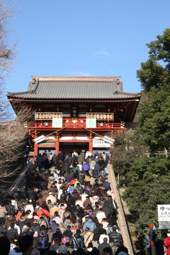 新年明けましておめでとうございます。<br />2009年のお正月、神奈川は穏やかな天気に恵まれました。<br />お正月休みの最終日、混雑覚悟で鶴岡八幡宮へ初詣と手斧始式を見に出掛けました。<br /><br />手斧(ちょうな)始式は、治承4年(1180)鎌倉の地を踏んだ源頼朝が岩清水八幡宮を勧請して本宮を創建した際に、船から上げられた材木を運んで木造りしたのに因む神事です。<br />二の鳥居から木遣り音頭で材木を下拝殿(舞殿)の前庭に運び、神職の祭儀に続いて烏帽子直垂の姿の大工職が金の手斧を振り、検尺、鋸引、墨打、手斧、遺かんなの順で木造りの作法を行う古式に則った行事です。